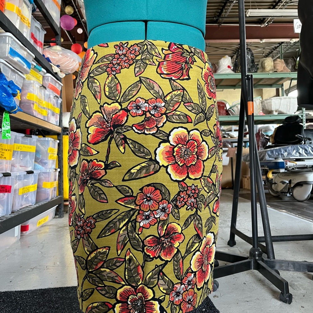 LOFT Olive Green Floral Pencil Skirt with Red and Coral Blooms